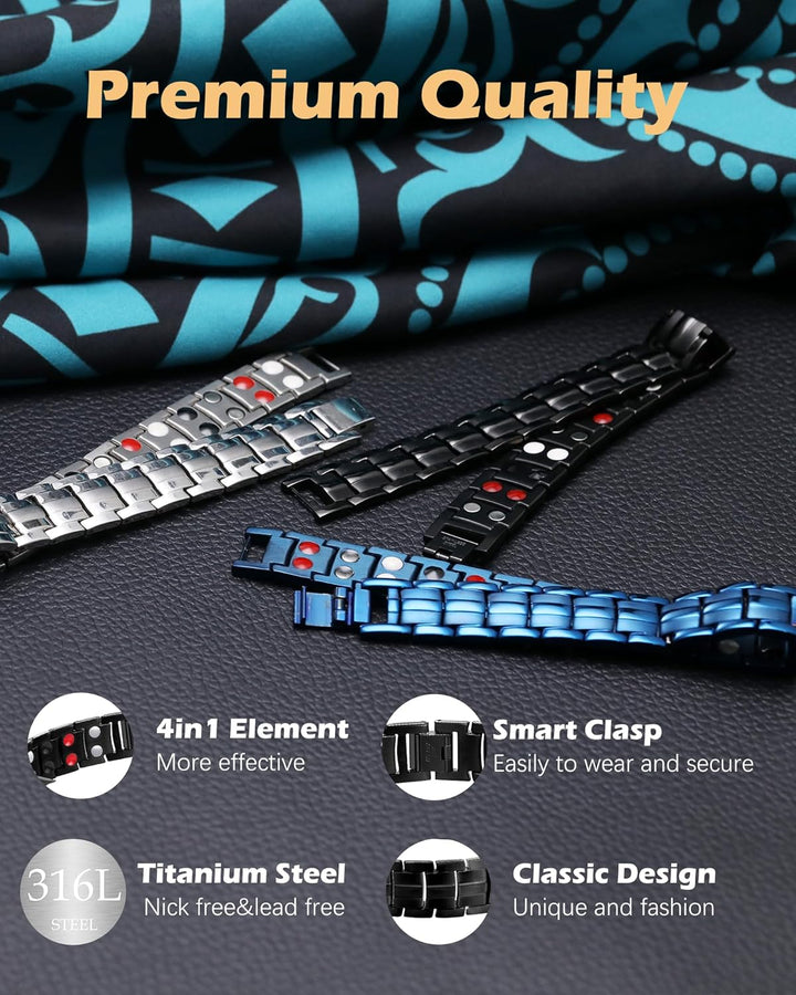 Titanium Steel Magnetic Bracelets for Men,4 Element Double Row Strength Magnets Wristband Magnetic Brazaletes with Free Links Removal Tool & Jewelry Gift Box