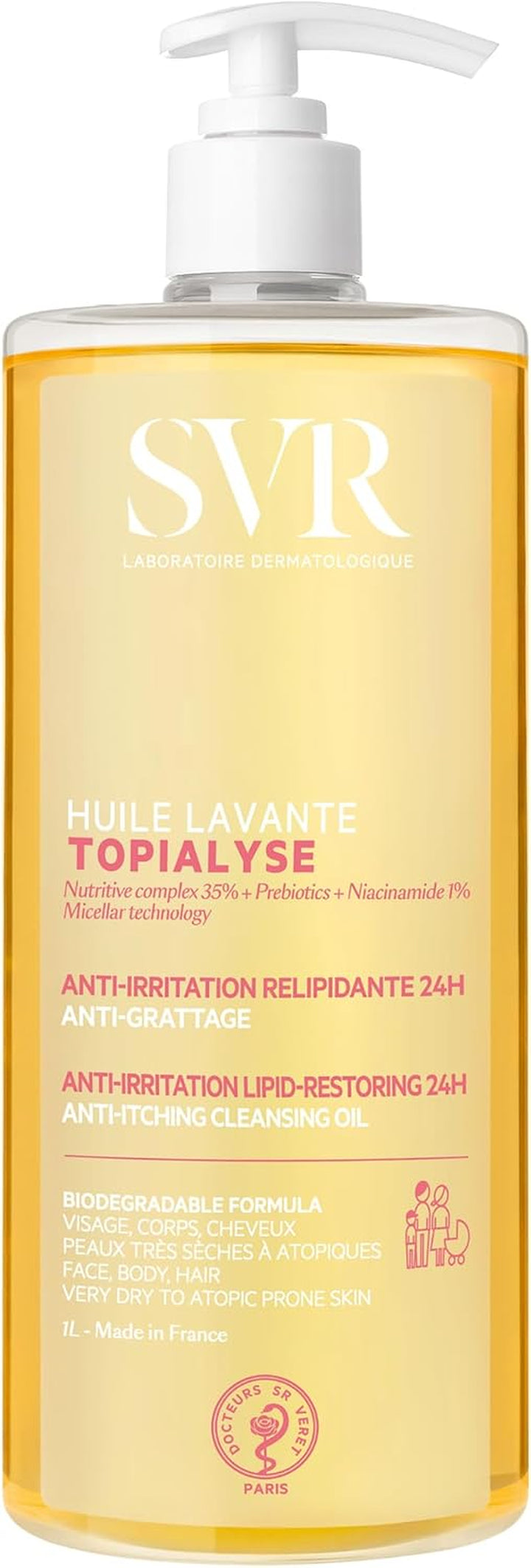 SVR TOPIALYSE All over Micellar Shower Oil, Moisturising Eczema Body Wash, 24Hr Hydration Emulsifying Soothing Bath Oil for Very Dry, Sensitive Skin, from Newborn and Up
