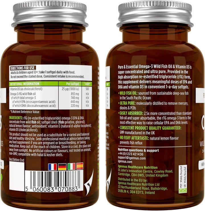 Igennus Advanced Omega-3 Fish Oil & D3 1000Iu, 1-A-Day 60 Servings, IFOS Certified, EPA DHA Fatty Acids, Rtg Triglyceride Form, Fast-Acting, Ultra Pure, Natural Lemon Flavour