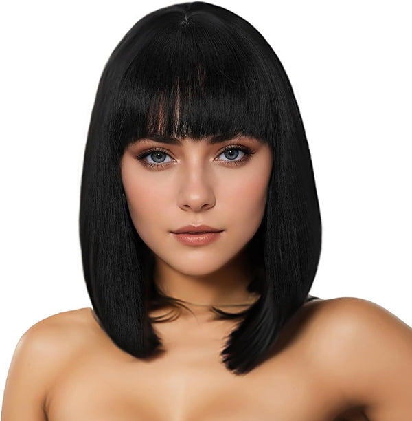 Black Bob Wig for Women, 14" Straight Bob Flat Bangs Short Black Wigs Shoulder Length, Short Bob Straight Wig with Bangs, Carnival Party Cosplay Halloween Hair Wigs for Girls Women