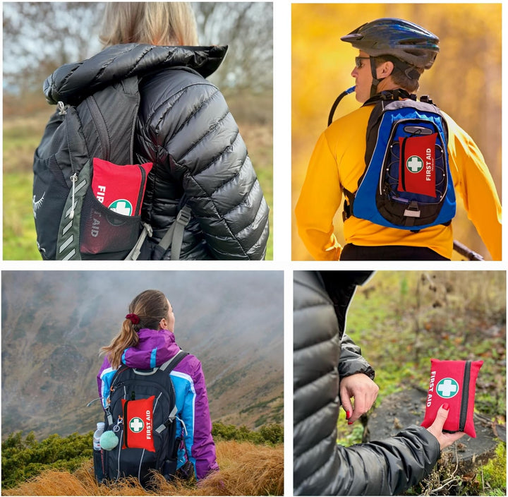 Premium First Aid Kit 110 Pieces - for Travel Essentials, Hiking, Home, Camping and Car - Includes Emergency Blanket, Plasters, Bandages, Eyewash and Other First Aid Essentials - Red