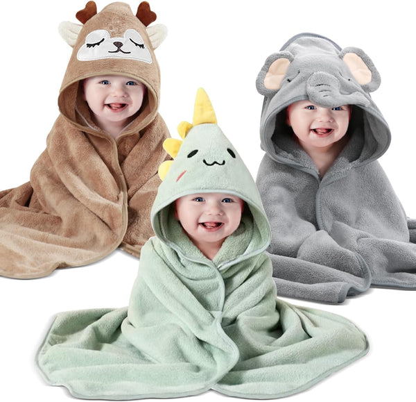 3 Pcs Hooded Baby Towel, Ultra Soft Newborn Towels, Unique Animal Design Baby Towel Set with Hood, Super Absorbent, Baby Essentials for Newborn, for Newborn Baby Boy and Girl, 80X80Cm
