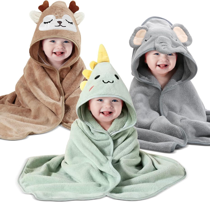 3 Pcs Hooded Baby Towel, Ultra Soft Newborn Towels, Unique Animal Design Baby Towel Set with Hood, Super Absorbent, Baby Essentials for Newborn, for Newborn Baby Boy and Girl, 80X80Cm