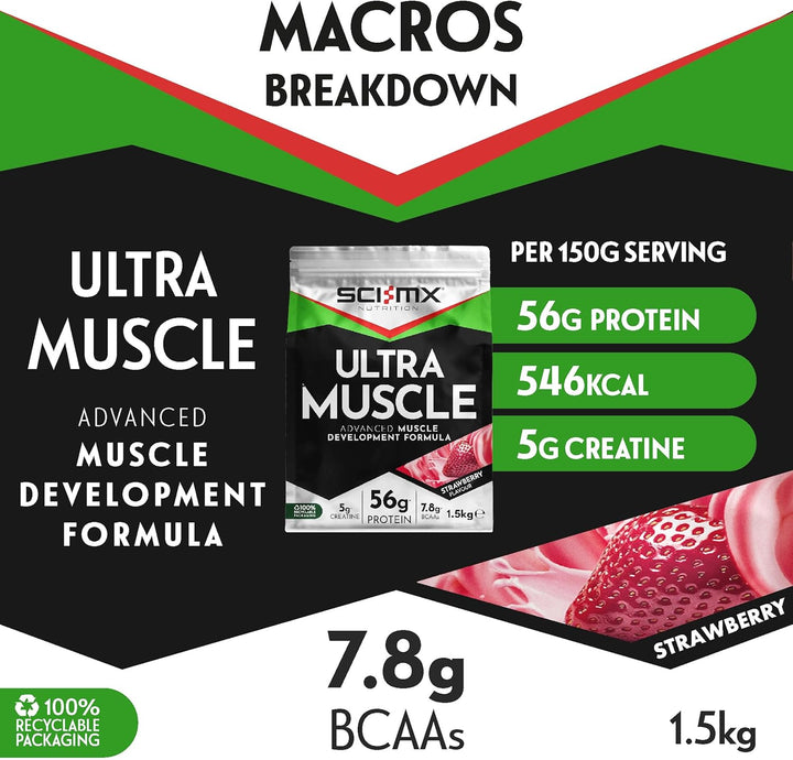 Ultra Muscle - Protein Powder for Muscle Development + 23 Vitamins & Minerals - Strawberry • 5G Creatine + 7.8G Bcaas per Serving • 1.5Kg
