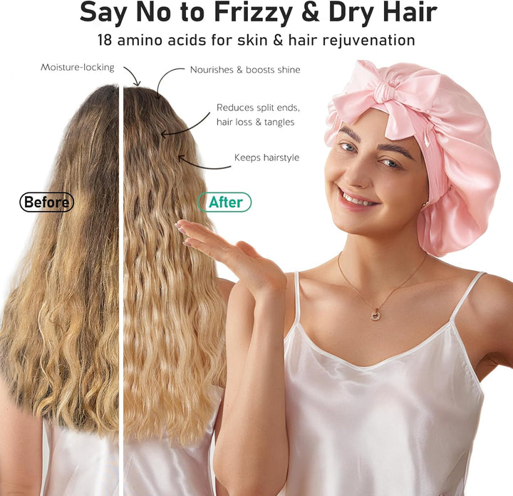 100% Mulberry Silk Bonnet for Sleeping Women, 22 Momme Double-Layered Grade-6A Silk Hair Bonnet for Sleeping, Hair Cap for Sleeping with Tie Band on Head, Includes Scrunchie(Pink)