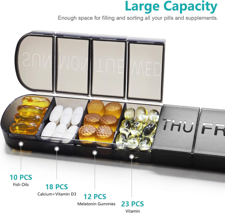 Weekly Pill Organiser 7 Day, Large Pill Box 1 Time a Day, Travel Friendly Daily Pill Containers to Hold Medicine Vitamins Fish Oil Supplements (Black)