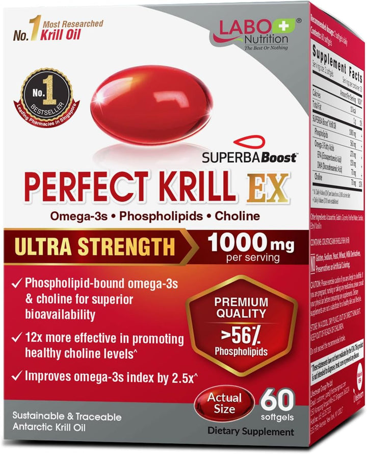 Perfect Krill EX, the Purest Ultra Strength Antarctic Krill Oil, Highest Phospholipids (>56%), with Choline & Astaxanthin, Omega 3, Heart & Joint Support, 100% Made in USA, 60 Softgel