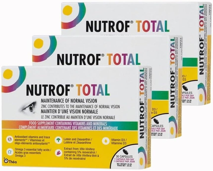 Nutrof Total Capsules – Once Daily Food Supplement with Lutein, Zeaxanthin, Omega 3, and Antioxidants | 3 Pack of 30 Capsules (1 Capsule per Day - 3-Month Supply)