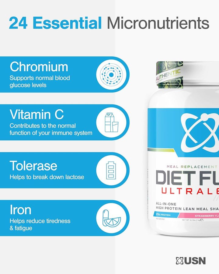 Diet Fuel Ultralean Meal Replacement Shake Powder, Strawberry Flavour - 1Kg, High Protein Shake Powdered Drink Mix, Low Calorie Diet & Weight Control Powder, 25G Protein