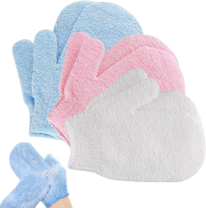 Exfoliating Gloves 6Pcs Bath and Body Exfoliator Mitts, Bamboo Shower Gloves, Scrubs Away Ingrown Hair and Dead Skin, for Shower, Spa, Massage and Dead Skin Cell Remover Loofah (Pink, Rose Red, White)