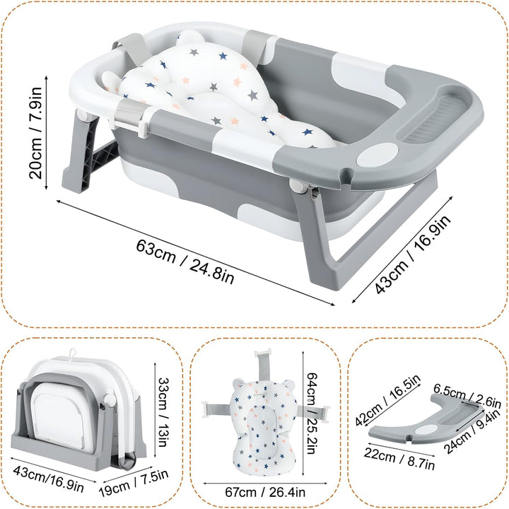 Foldable Baby Bathtub – Portable Collapsible Infant Tub with Seat Support & Heat-Sensitive Drain – Newborn to Toddler (0-36 Months) – Safe, Non-Slip & Space-Saving (Grey)