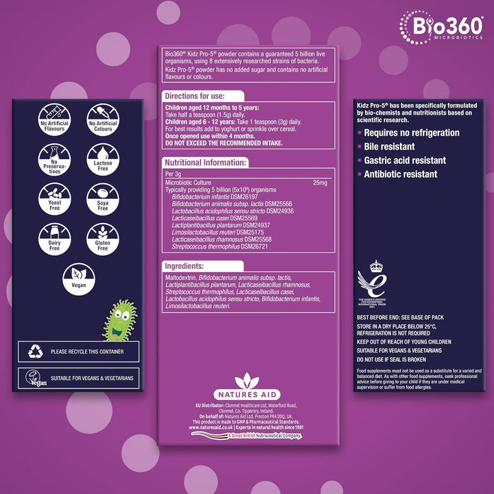 Bio360 Kidz Pro-5 Daily Microbiotic Powder 90G for Children 12 Months to 12 Years - 5 Billion Friendly Bacteria - Supports Digestive Health & Immunity Sugar Free Vegan Non-Gmo Gluten-Free