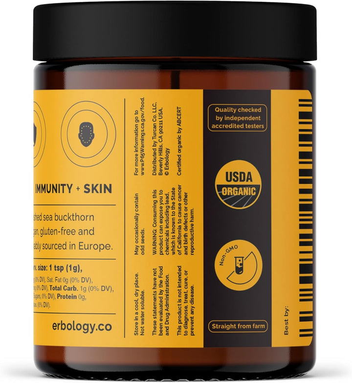 Organic Sea Buckthorn Powder 50G - 50 Servings - Skin Health and Immunity Support - Rich in Omega-7 (6.5%), Vitamin C and Beta-Carotene - Seeds Removed, More Concentrated - Vegan - Gmo-Free
