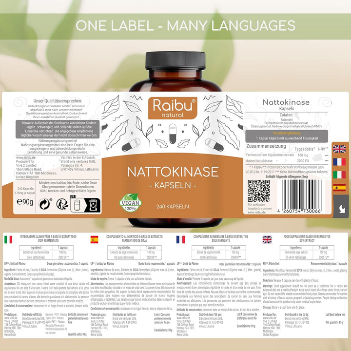 Nattokinase 2,000 FU per Capsule - High-Strength 240 Nattokinase Capsules from Fermented Natto Soybeans - 8 Months Supply - Non-Gmo, Natural & Vegan- Laboratory Tested -