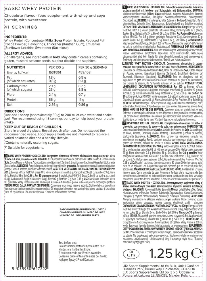 Basic Whey Protein Powder | Chocolate | 1.25 Kg | 41 Servings | up to 18G Protein per Serving | Low Sugar | Fast Absorbing Formula | Gym Supplement Supports Muscle Growth & Recovery