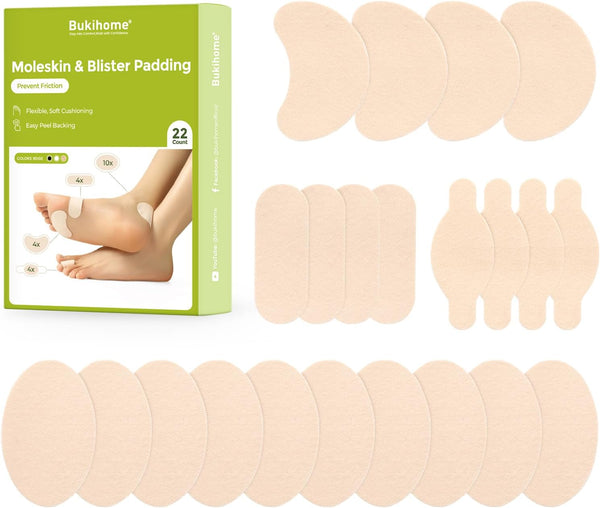 Moleskin Adhesive Pads for Feet - Blister Prevention Tape - Moleskin Padding for Blisters, Shoes, Toes, Heel, Reduce Friction Pain - 11 Sheets of 4 Shapes (22 Pieces Total, Beige)