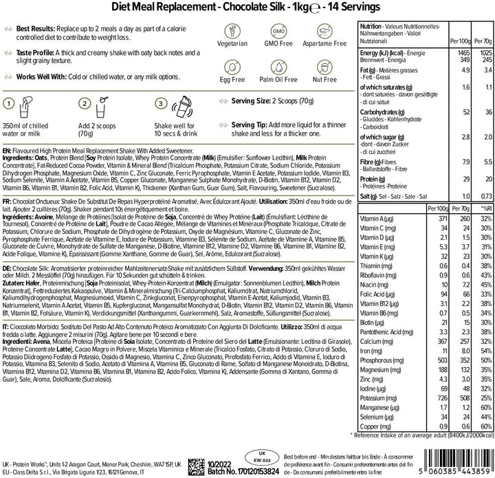 Protein Works - Diet Meal Replacement, Chocolate Silk, Nutrient Dense Complete Meal, Immunity Boosting Vitamins, Affordable, Healthy and Quick, 14 Meals, 1Kg