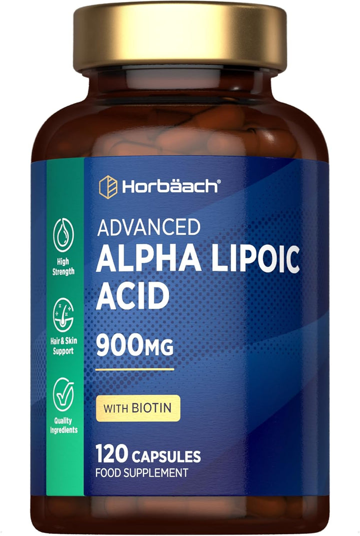 Alpha Lipoic Acid 900Mg | 120 High Strength ALA Capsules | Complex with 999Ug of Biotin | by