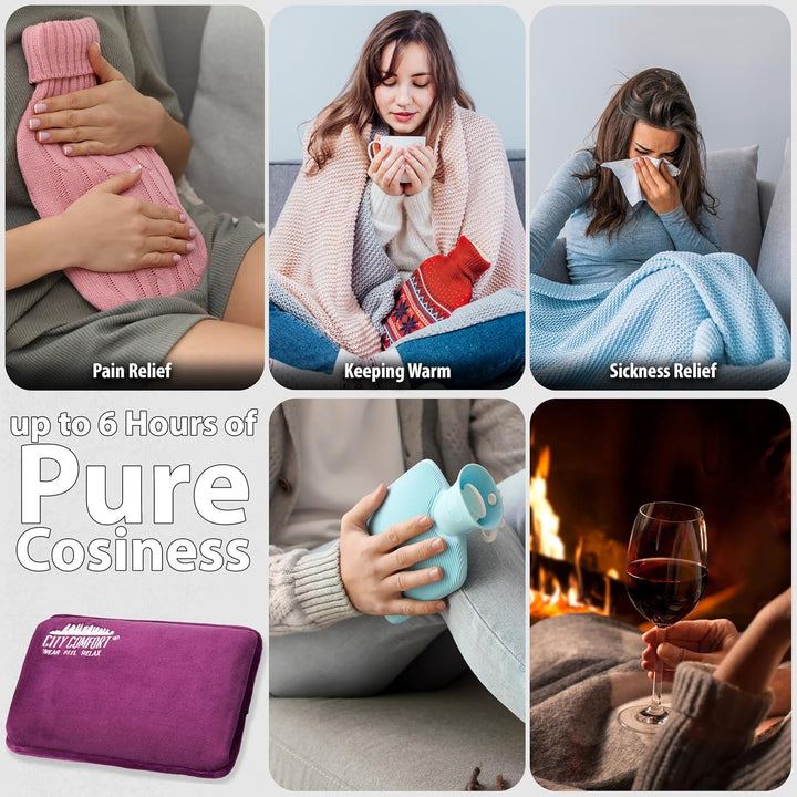 Rechargeable Electric Hot Water Bottle Heat Pad 6 Hour Warmth Temperature Control Detachable Lead Cosy Bed Warmer Hand Warmer Pouch Gifts (Purple)