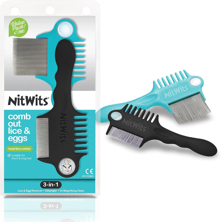 Head Lice & Egg Comb Twin Pack, 3-In-1 Lice Comb, Detangles, Removes Lice & Eggs and Includes 5X Magnifying Glass