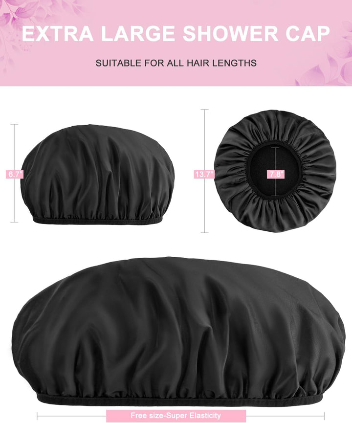 Shower Cap,Extra Large Triple Layer Bathing Cap with Dry Hair Function for Women Microfiber Terry Cloth Silky Satin 100% Waterproof Reusable Long Hair Bath Caps