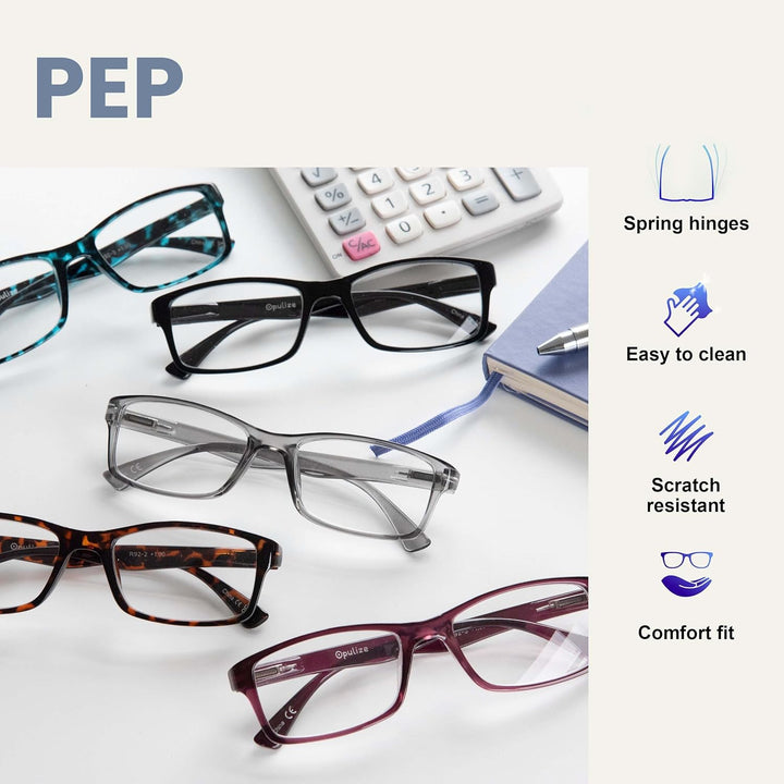 PEP Classic Reading Glasses for Women Men, Scratch Resistant Rectangular Frame with Spring Hinges, Black +1.5 (Pack of 4)