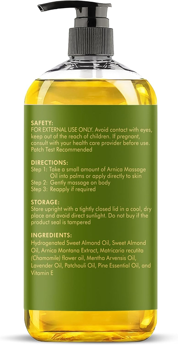 Arnica Sore Muscle Massage Oil for Massage Therapy - Natural Oil with Lavender and Chamomile Essential Oils - Multipurpose Instant Absorption Full Body Massage Oil - 8 Fl. Oz.