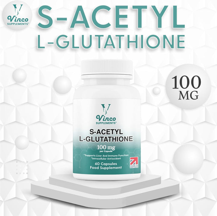 Vinco S-Acetyl L-Glutathione Supplement, 60 L-Glutathione Capsules, Antioxidant Supplement, Support Immune System & Neuron Health- 100Mg per Serving, Protects Liver Function - Non-Gmo & Gluten Free