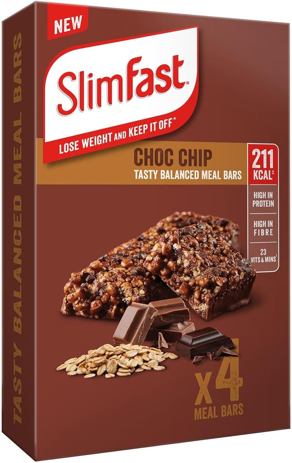 Choc Chip Meal Replacement Bar - 4X60G - Low Calorie Meal Replacement for Weight Loss & Diet - 15G Protein, 23 Vitamins & Minerals, 221 Kcal - Meal Replacement Shake Alternative