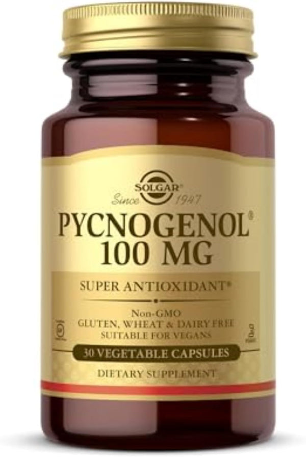 Pycnogenol 100Mg - Derived from Pine Bark - Works Combined with Vitamins C & E - Vegan - 30 Vegetable Capsules, Brown