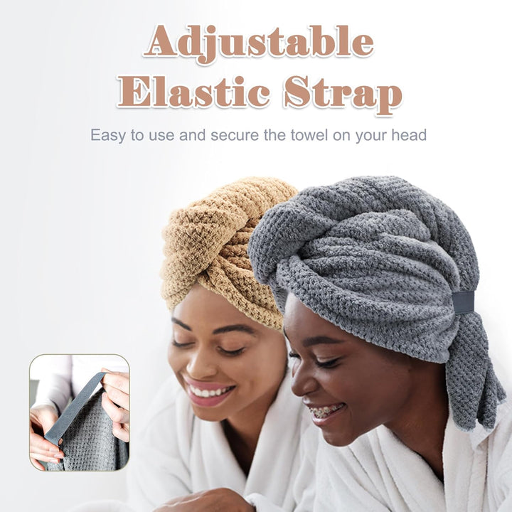 2-Pack Large Microfibre Hair Towel Wrap 86 X 26 Cm, Thicken Super Absorbent Hair Turbans for Wet Hair, Anti-Frizz Hair Drying Towel with Elastic Band for Women Long Thick Curly Plopping Hair