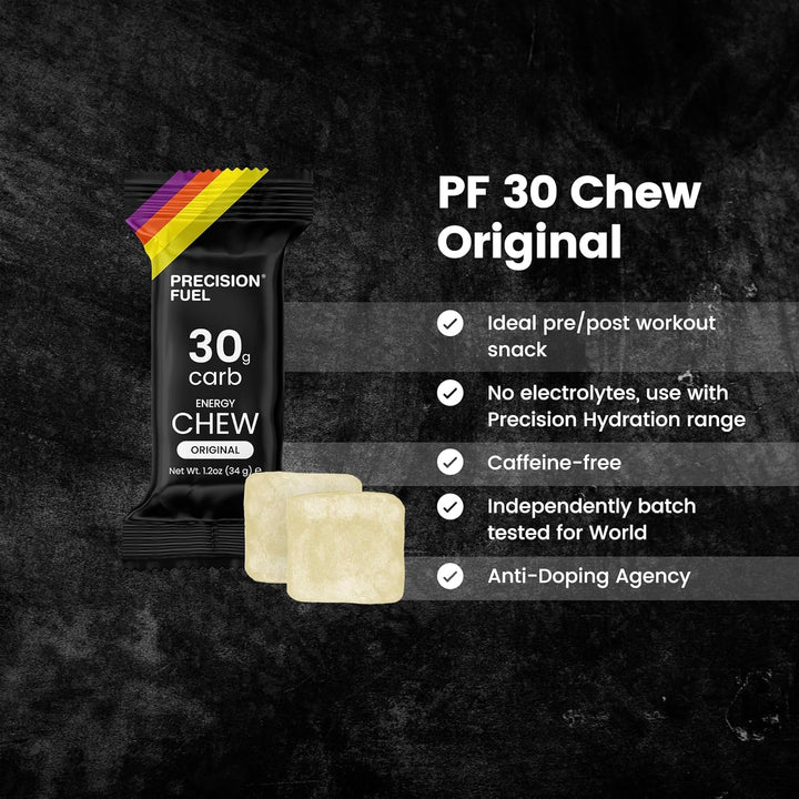 Precision Fuel 30 Energy Chews - High Carb,Lightweight Snack for Endurance Sports,30G Carbs per Serving,Ideal for Running & Cycling,No Artificial Ingredients - Original and Mint Lemon (4 X 34G Chews)