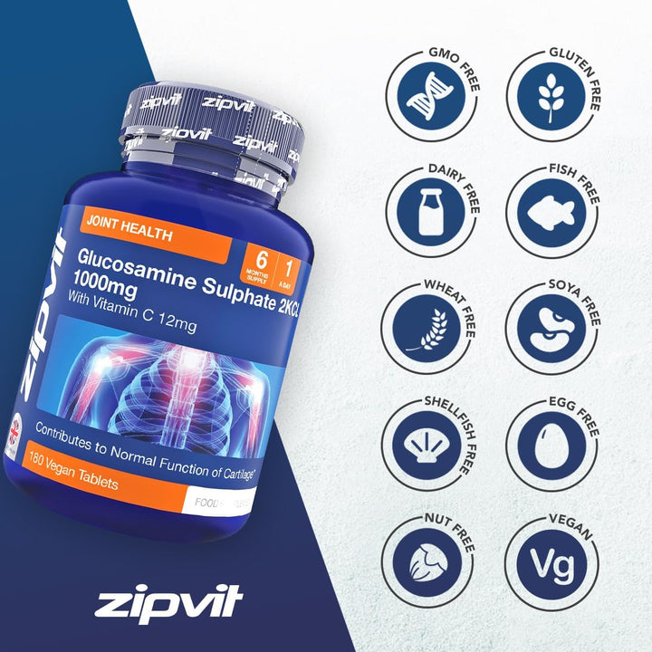 Glucosamine Sulphate 2Kcl 1000Mg with Vitamin C, 180 Vegan Tablets, Supports Bones, Cartilage & Collagen, Reduces Tiredness & Fatigue, Joint Health Supplement, 6 Month Supply