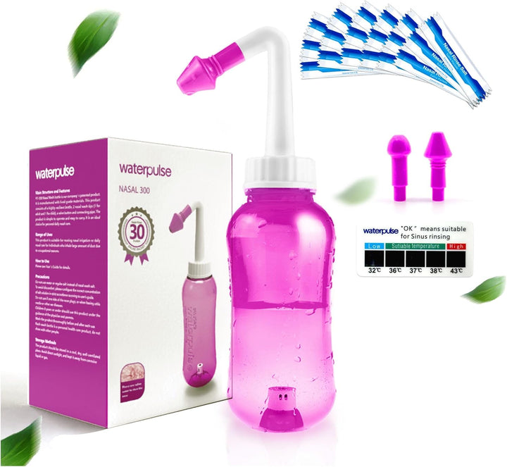 Neti Pot, Sinus Rinse Bottle 300Ml, Nose Cleaner, Nasal Irrigation System with 30 Nasal Wash Salt Packets and Sticker Thermometer for Adult & Kid BPA Free(300Ml,Blue)