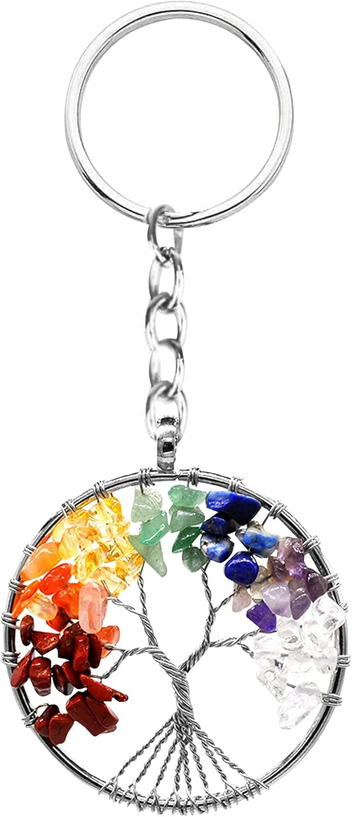Tree of Life Keyring 7 Chakra Healing Crystal Tumbled Stone Natural Gemstone Car Key Chain Reiki Healing Keychain for Friendship Women Men Girls Bikes Home