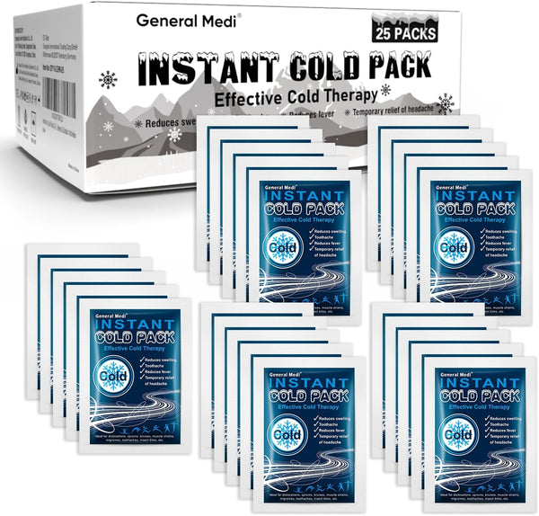 Instant Cold Pack (10X14Cm) – Set of 25 Disposable Cold Therapy Packs for Pain Relief, Swelling, Inflammation, Sprains, Strained Muscles, Toothache – for Athletes & Outdoor Activities