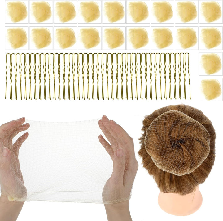 Hair Nets for Buns, Ballet Hair Net, 20 Pcs 50 Cm Individual Package Invisible Hair Nets and 40 Pcs U Shaped Hair Pins Set for Women, Girls, Ballet Dancer, Nurse(Brown)