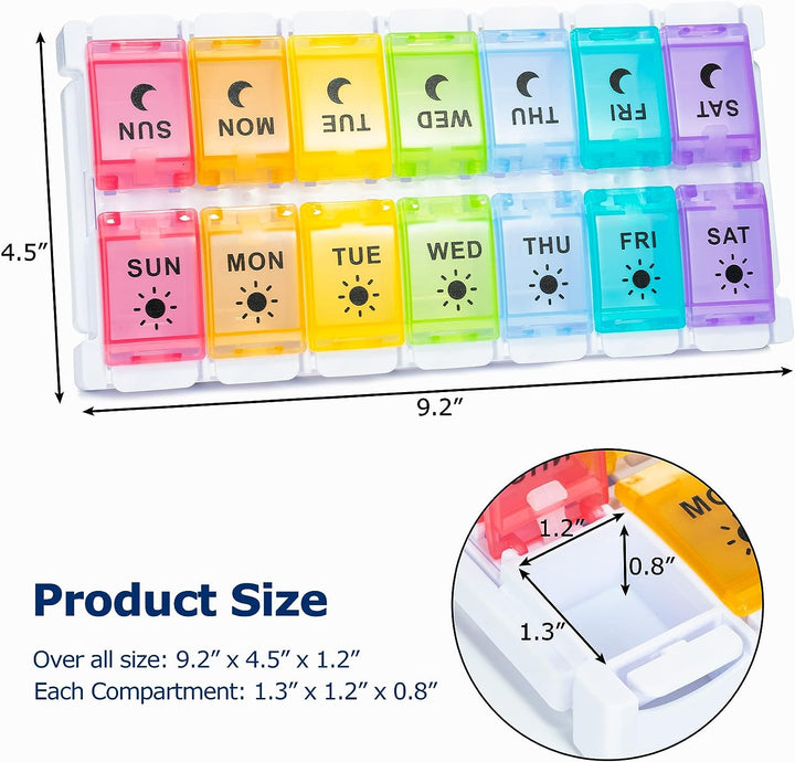 7 Day Pill Organiser 2 Times a Day, Weekly Pill Box Push Button 2 in 1 Design, Large Tablet Box for Travel, BPA Free Daily Pill Case, Pill Boxes 14 Day for Vitamin/Fish Oil/Supplements/Medication