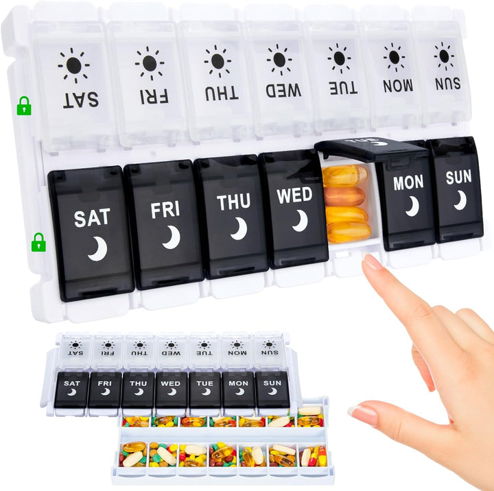 7 Day Pill Organiser 2 Times a Day, Weekly Pill Box Push Button 2 in 1 Design, Large Tablet Box for Travel, BPA Free Daily Pill Case, Pill Boxes 14 Day for Vitamin/Fish Oil/Supplements/Medication