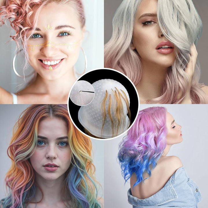 5PCS Highlight Cap Kit Highlighting Cap with Needle and Hair Coloring Brushes Silicone Highlight Cap Hair Dye Kit for Color Hair Salon Hairdressing Dyeing Staining Tools for Women Men