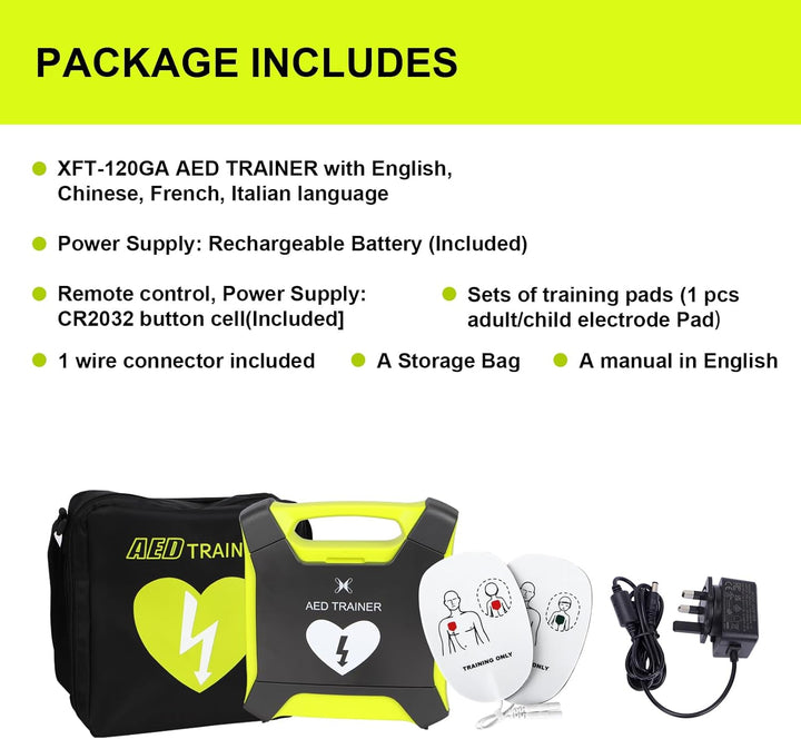 AED Trainer, Rechargeable Defibrillator Trainer with Remote Control, CPR Training Defibrillator Simulator, 8 Scenarios, 4 Prompts Voice - English, French, Italian, Chinese, -120GA AED Trainer
