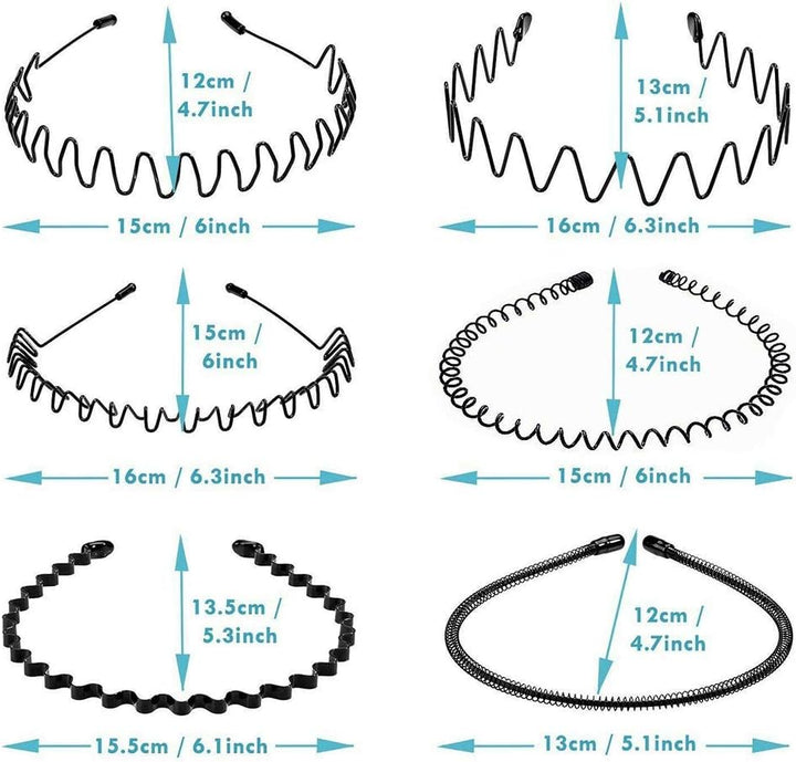 Elastic Wavy Spring Wave Hair Hoop, Multi-Style Black Non-Slip Metal,Unisex Sport Fashion Hair Band Accessories for Women and Men(6 Pieces)