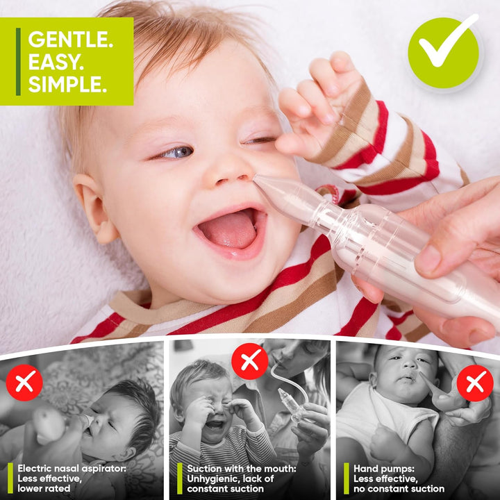 Nasal Aspirator Baby. CLINICALLY Tested, Safe and Gentle. Baby Nose Sucker with 2 Suction Heads and Cleaning Brush. Safe and Gentle Baby Nasal Aspirator with Strength of a Vacuum Cleaner