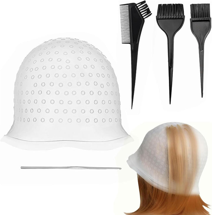 5PCS Highlight Cap Kit Highlighting Cap with Needle and Hair Coloring Brushes Silicone Highlight Cap Hair Dye Kit for Color Hair Salon Hairdressing Dyeing Staining Tools for Women Men