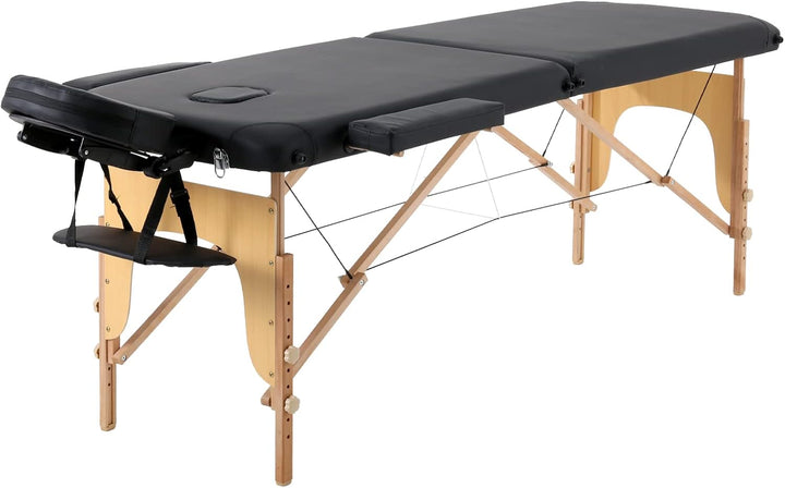 2 Sections Portable Massage Bed Wooden Legs Adjustable Height Folding Tattoo Table (Black)