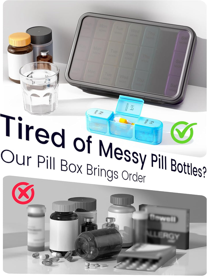 Weekly Pill Box 7 Day 3 Times a Day (Morn/Noon/Night), Daily Portable Travel Pill Box Organiser, Tablet Organiser with Large Compartments, Hold for Fish Oils, Vitamins, Supplements (Black)