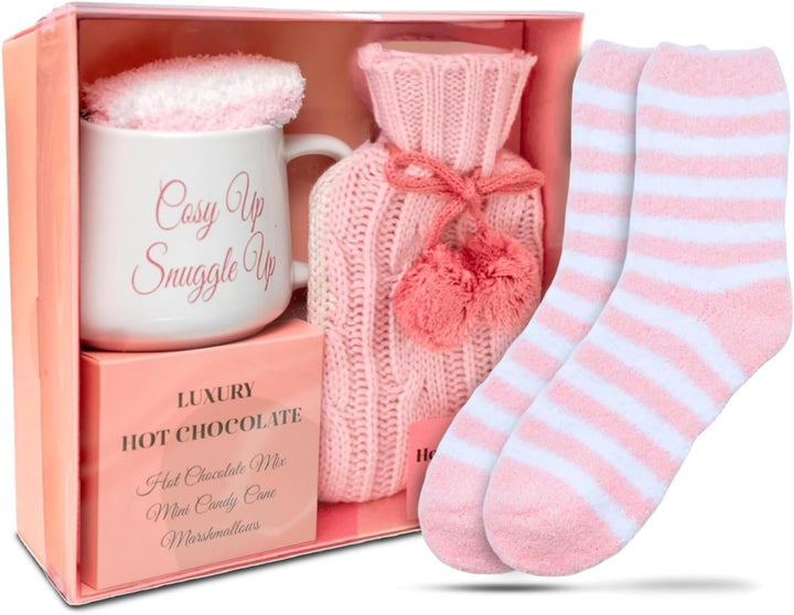Hot Chocolate Gift Set with Mug | Small Hot Water Bottle with Cover | Fluffy Socks | Cosy Pink Ribbon Balls | Christmas Gifts for Women Her | Novelty Girls Ladies Xmas House Couple Home Mum Auntie (1)