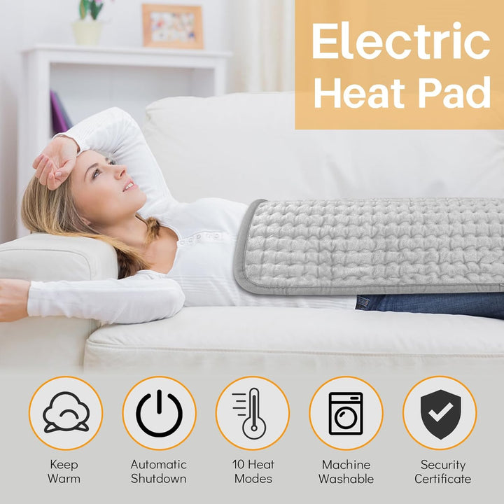 Heating Pad, Electric Heat Pad with Automatic Switch-Off and 10 Temperature Levels Heating Pad for Back Neck Shoulder Belly Heating Technology - Machine Washable-Gray(30X60Cm