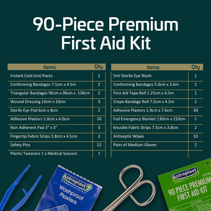 90 Piece Premium Kit Includes Eyewash, 2 X Cold (Ice) Packs and Emergency Blanket for Home, Office, Car, Caravan, Workplace, Travel - First Aid Kit Bag