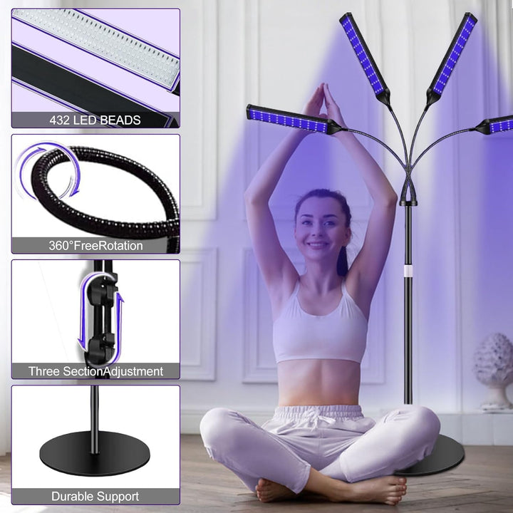Tanning Lamp for Home,4-Head Face Tanning Lamp with 432 Leds, 5 Modes 360° Rotatable, 45 W Self Skin Tanning with Adjustable Stand & Timer, Light Sun Lamp for Face Body